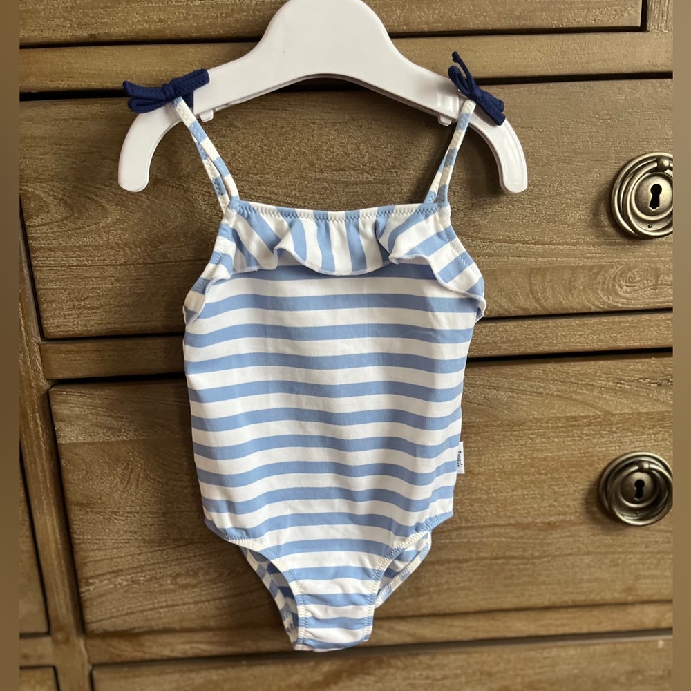 Jacadi Blue and White Striped Swimsuit with Sweet Bow Detailing 18M